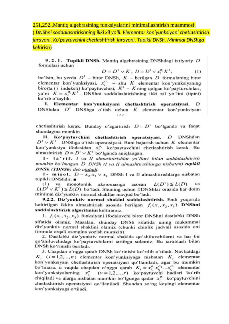 Mulohazalar algebrasi formulasining dizyunktiv normal shakllari 1
