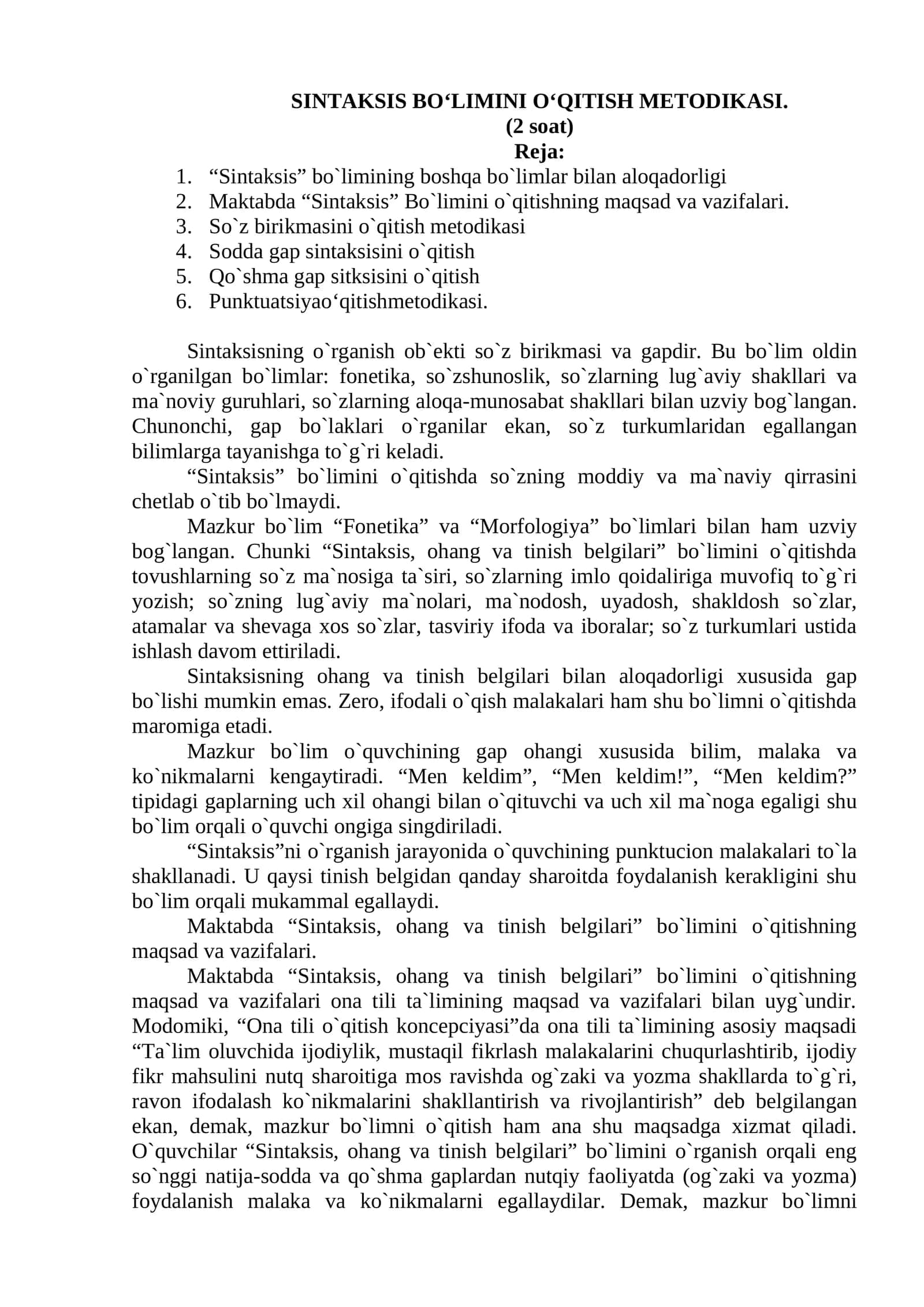 SINTAKSIS BO‘LIMINI O‘QITISH METODIKASI 1