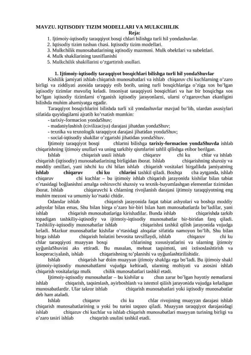 IQTISODIY TIZIM MODELLARI VA MULKCHILIK