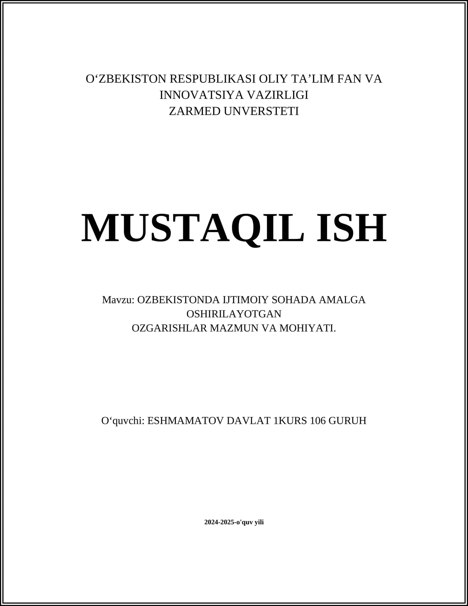 OZBEKISTONDA IJTIMOIY SOHADA AMALGA OSHIRILAYOTGAN OZGARISHLAR MAZMUN VA MOHIYATI 1