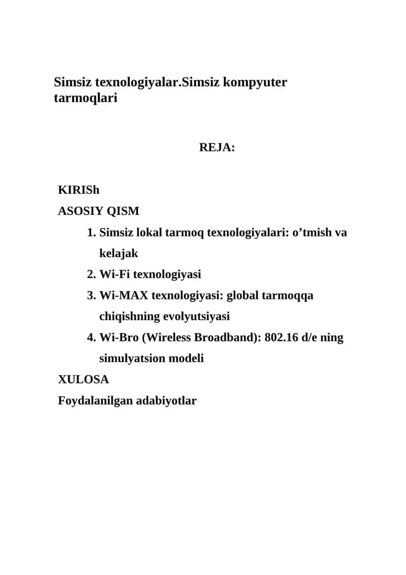 Simsiz texnologiyalar.Simsiz kompyuter tarmoqlari 1