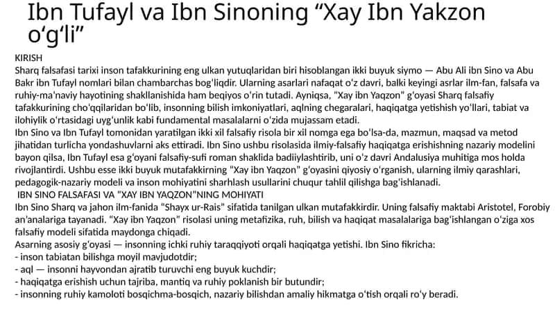 Ibn Tufayl va Ibn Sinoning “Xay Ibn Yakzon oʻgʻli” 1