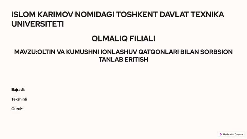 OLTIN VA KUMUSHNI IONLASHUV QATQONLARI BILAN SORBSION TANLAB ERITISH 1