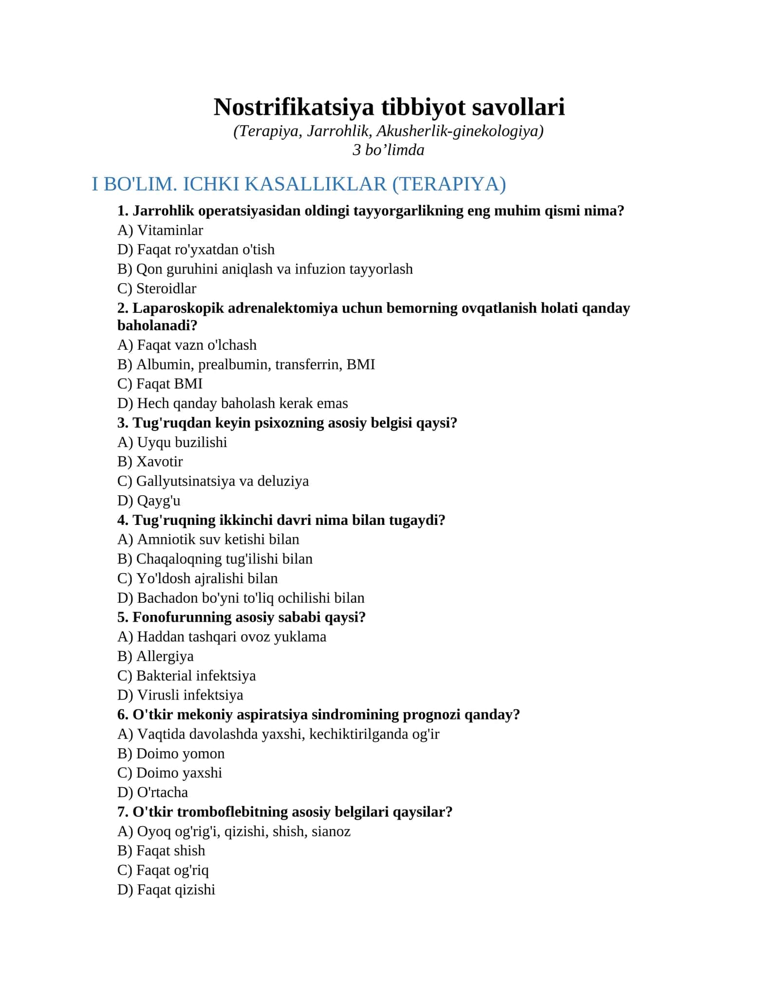 Nostrifikatsiya tibbiyot savollari 1