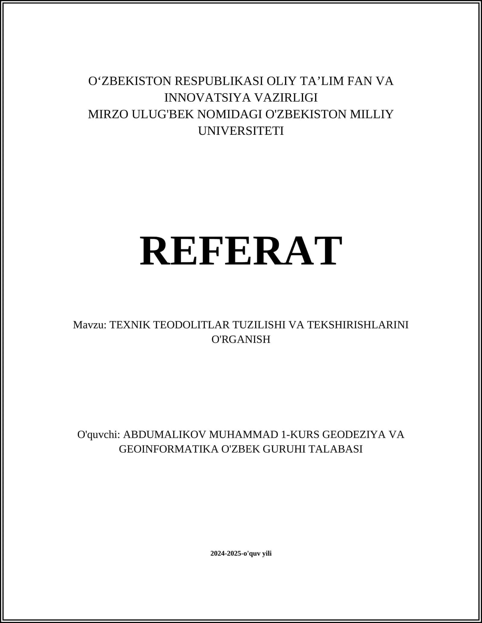 TEXNIK TEODOLITLAR TUZILISHI VA TEKSHIRISHLARINI O'RGANISH 1