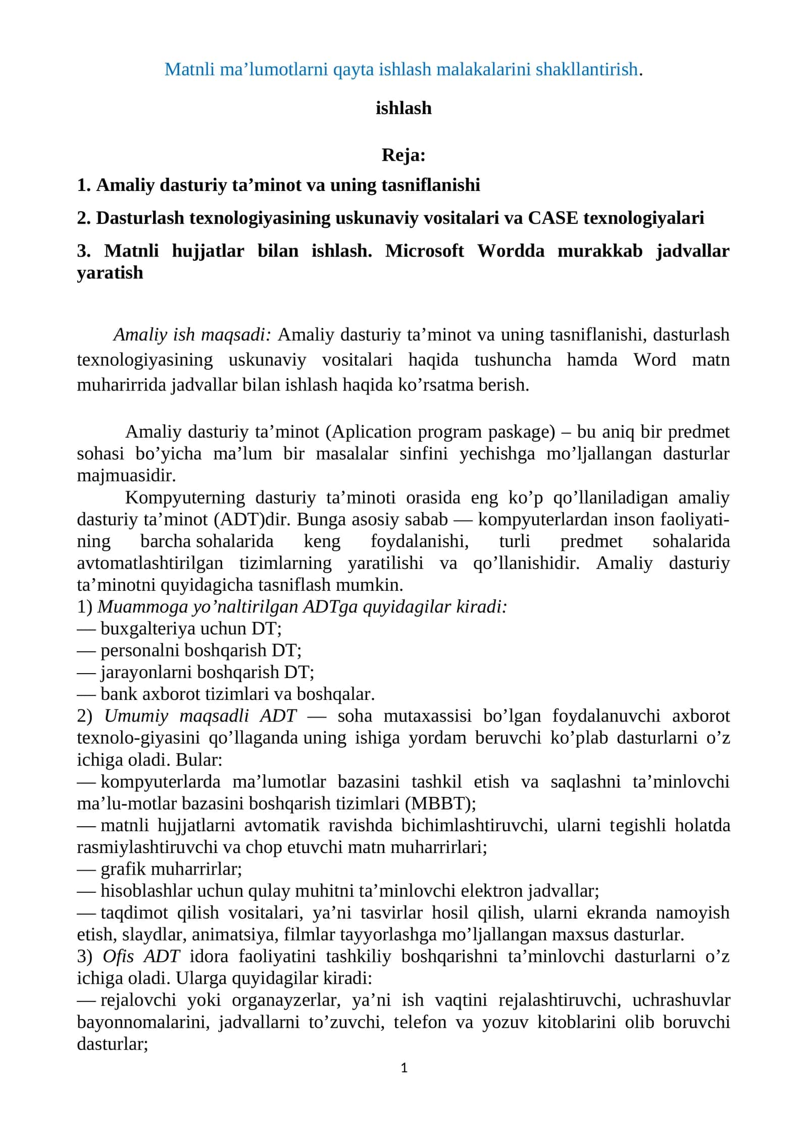 Matnli ma’lumotlarni qayta ishlash malakalarini shakllantirish 1