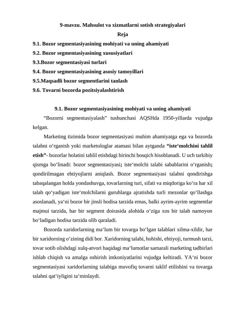 Bozor segmentasiyasining mohiyati va uning ahamiyati 1