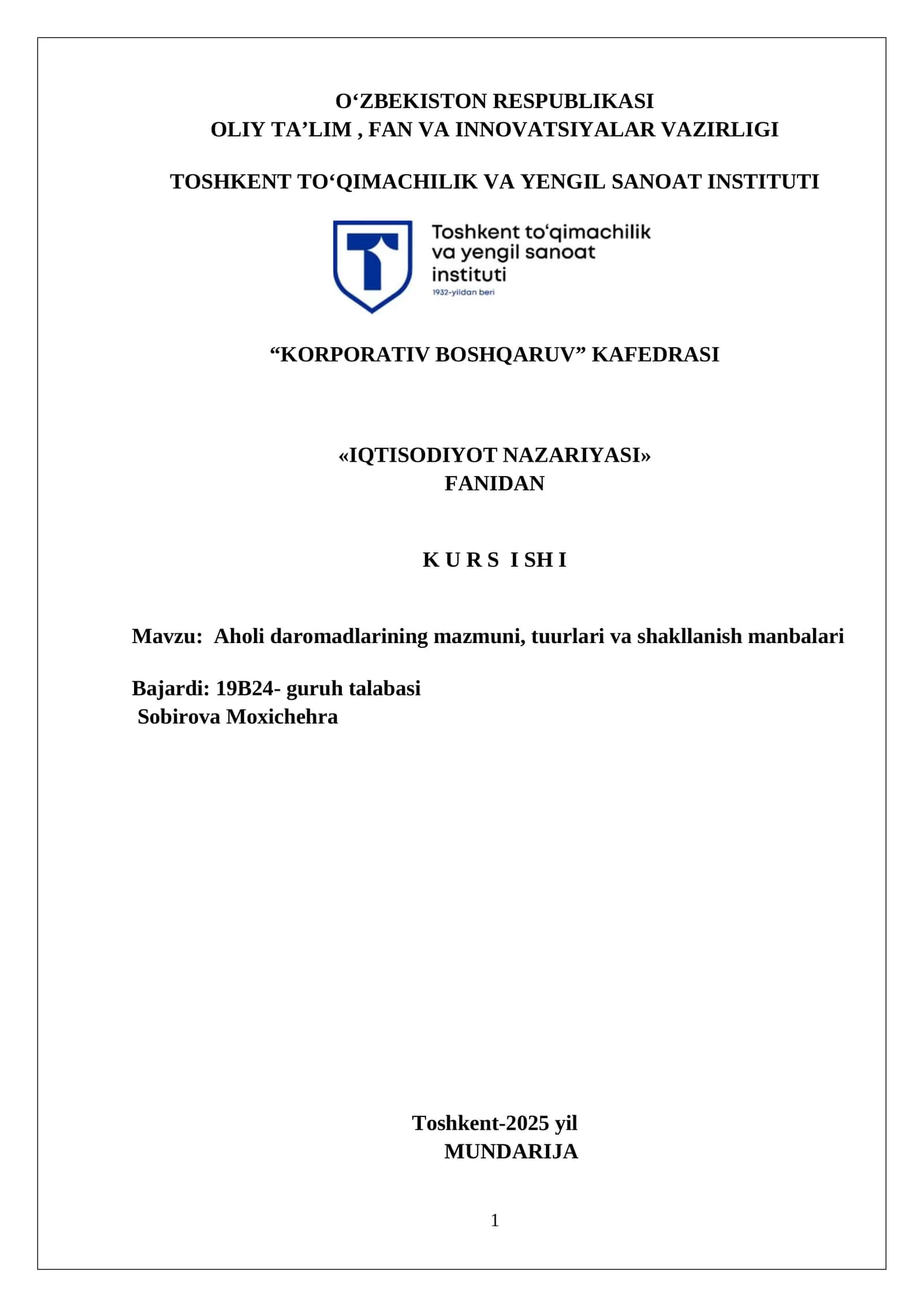 Aholi daromadlarining mazmuni, tuurlari va shakllanish manbalari 1
