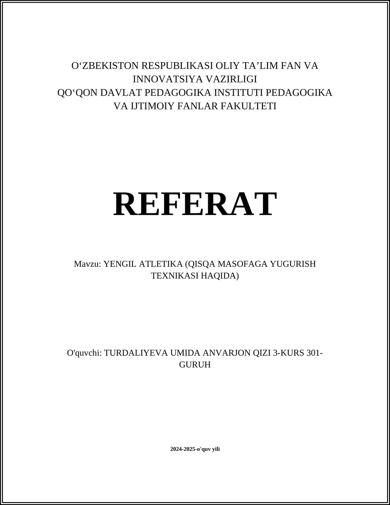 YENGIL ATLETIKA (QISQA MASOFAGA YUGURISH TEXNIKASI HAQIDA) 1