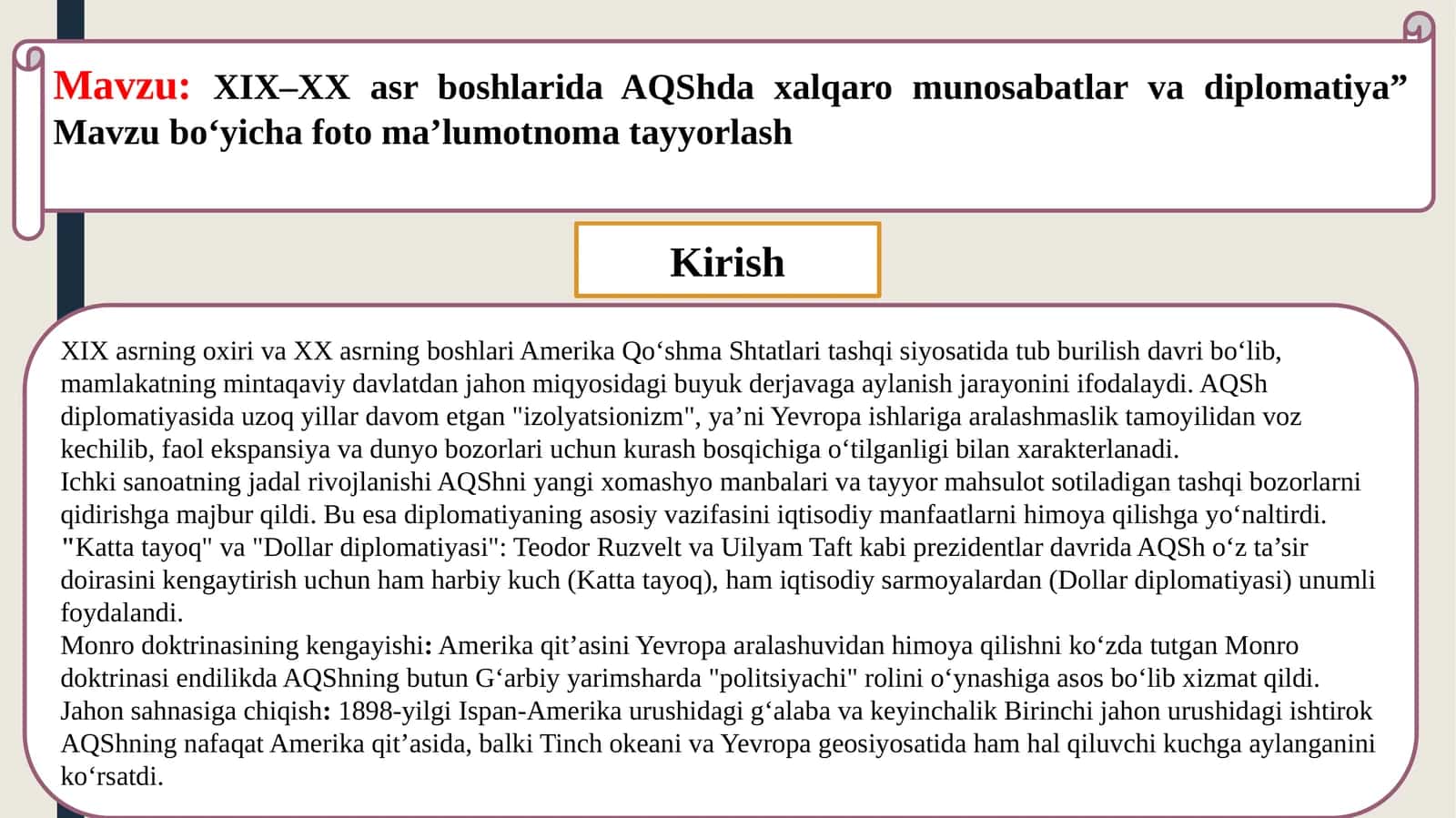 XIX–XX asr boshlarida AQShda xalqaro munosabatlar va diplomatiya 1
