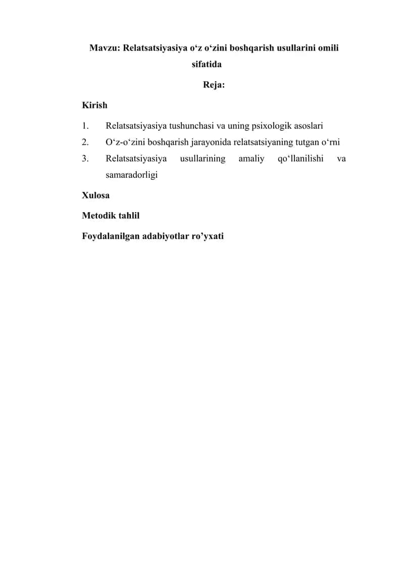 Relatsatsiyasiya oʻz oʻzini boshqarish usullarini omili sifatida 1