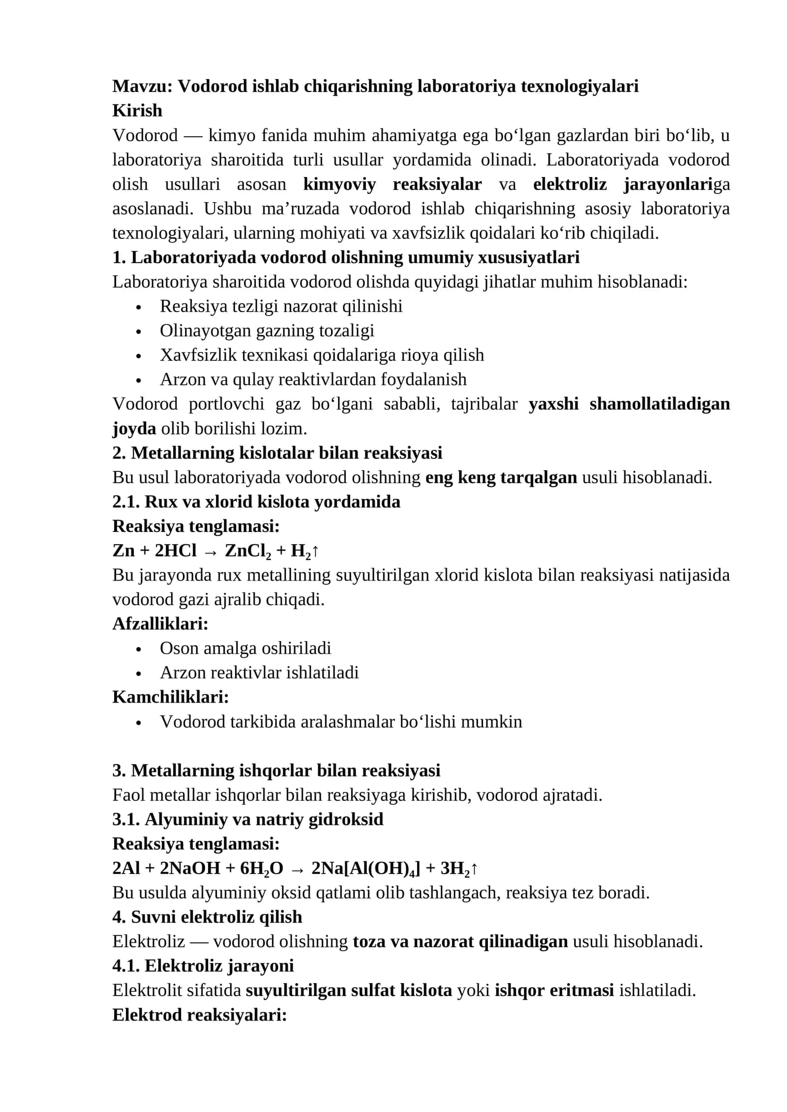 Vodorod ishlab chiqarishning laboratoriya texnologiyalari 1