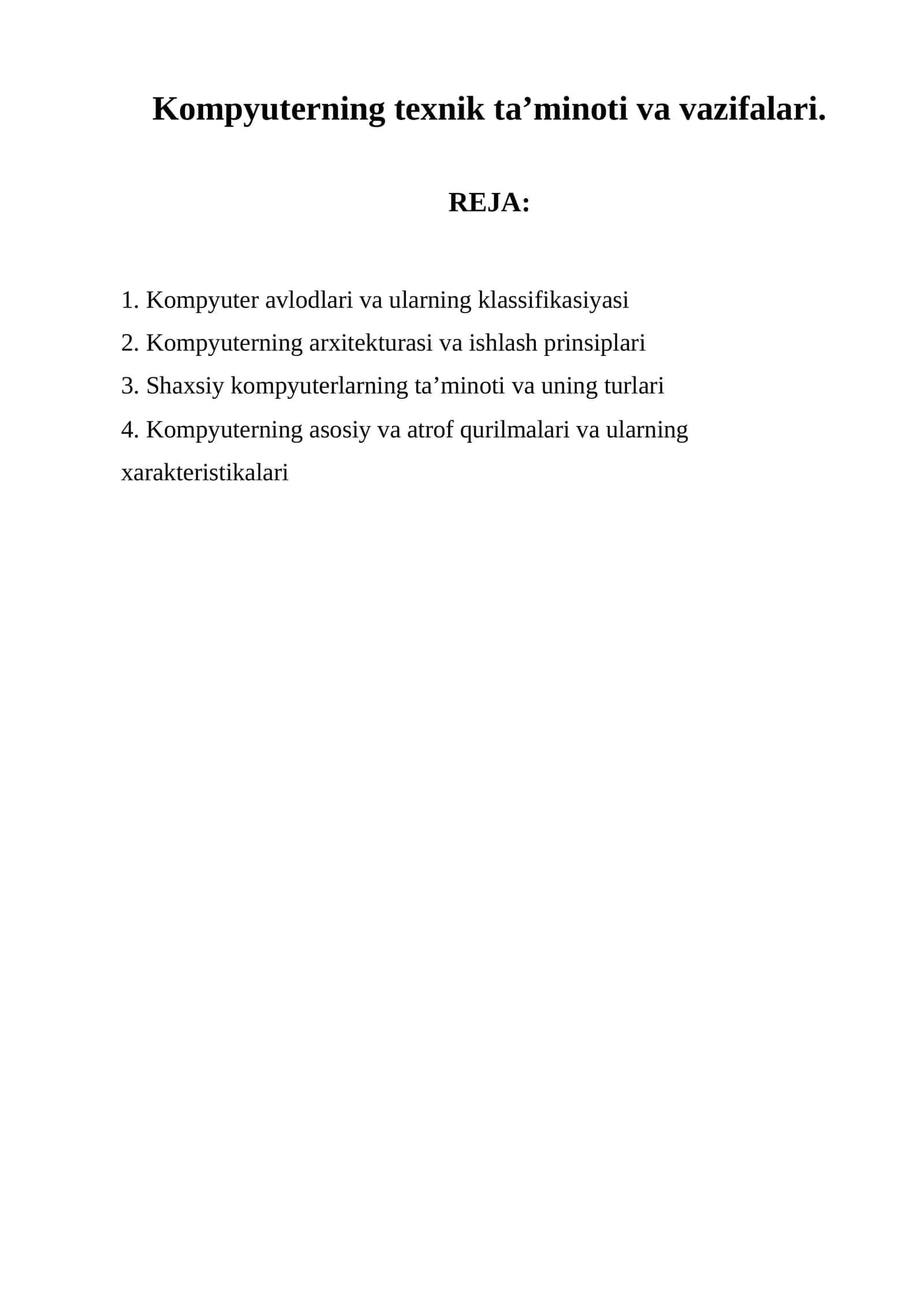 Kompyuterning texnik ta’minoti va vazifalari 1