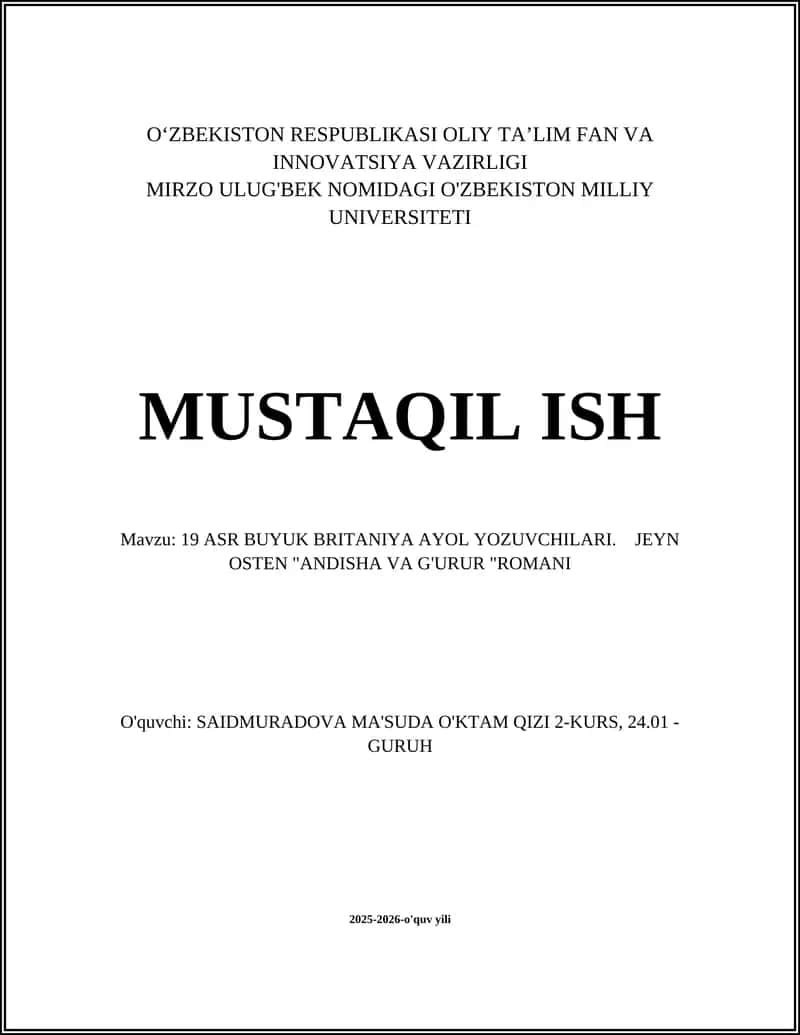 "ANDISHA VA G'URUR" ROMANI 1