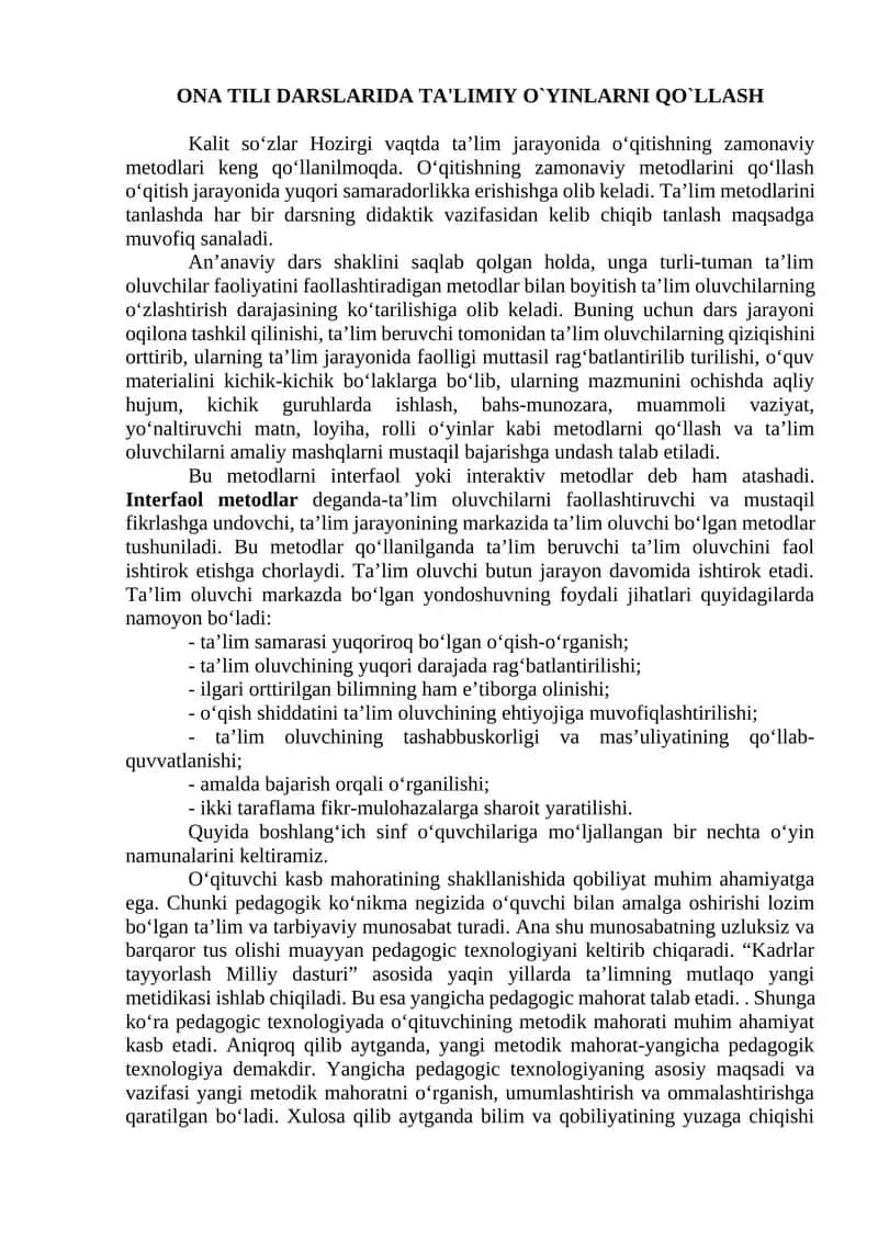 ONA TILI DARSLARIDA TA'LIMIY O`YINLARNI QO`LLASH 1