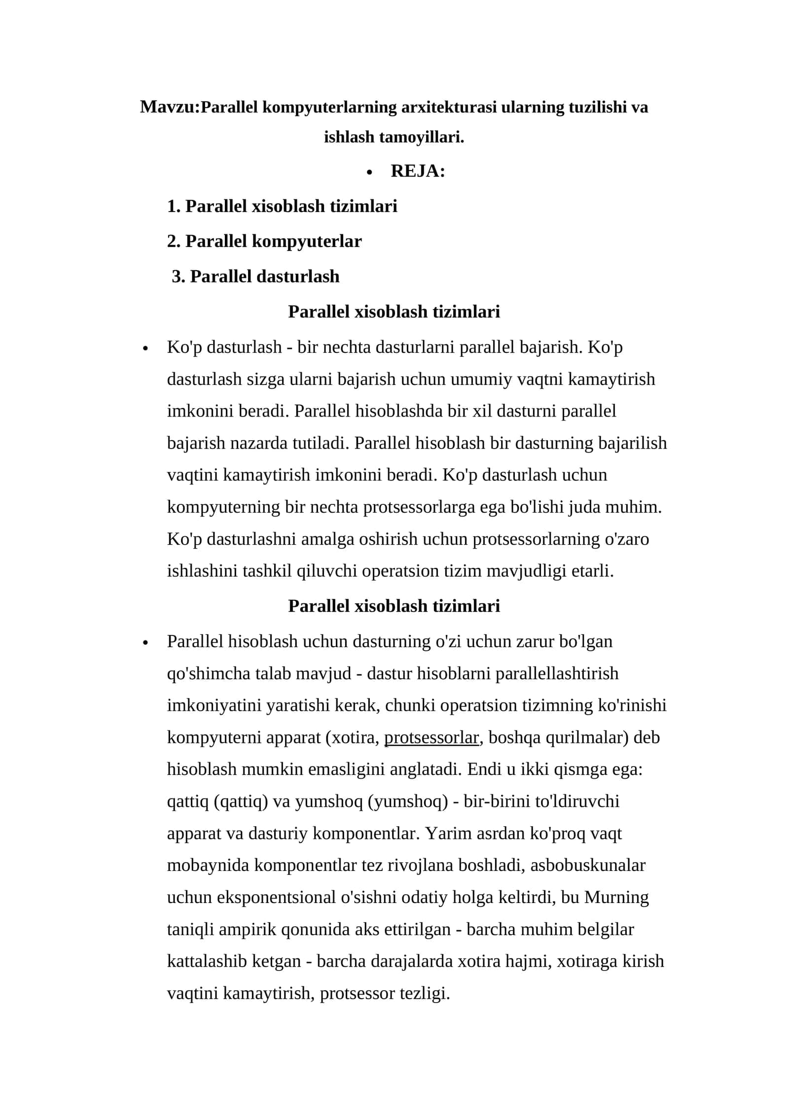 Parallel kompyuterlarning arxitekturasi ularning tuzilishi va ishlash tamoyillari 1
