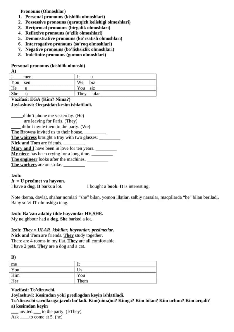 Olmoshlar (Pronouns) 1