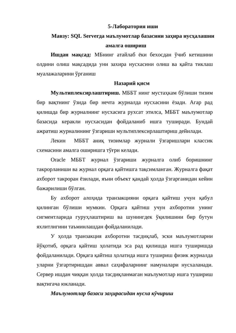 SQL Serverda ma'lumotlar bazasini zahira nusxalash 1