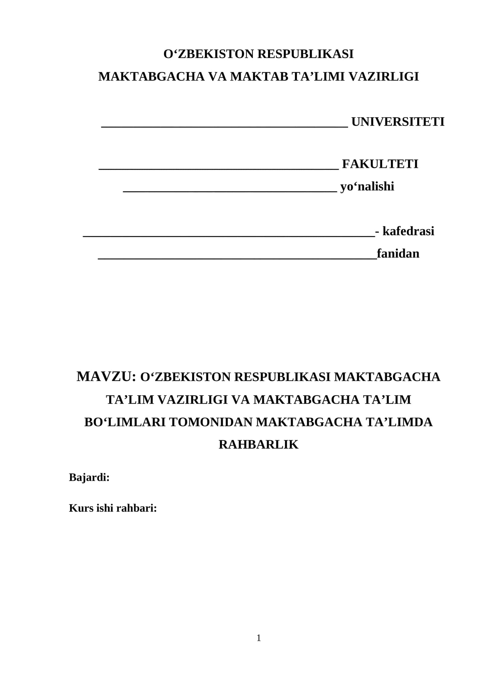 Oʻzbekiston Respublikasi maktabgacha taʼlim vazirligi va maktabgacha taʼlim boʻlimlari tomonidan maktabgacha taʼlimda rahbarlik 1