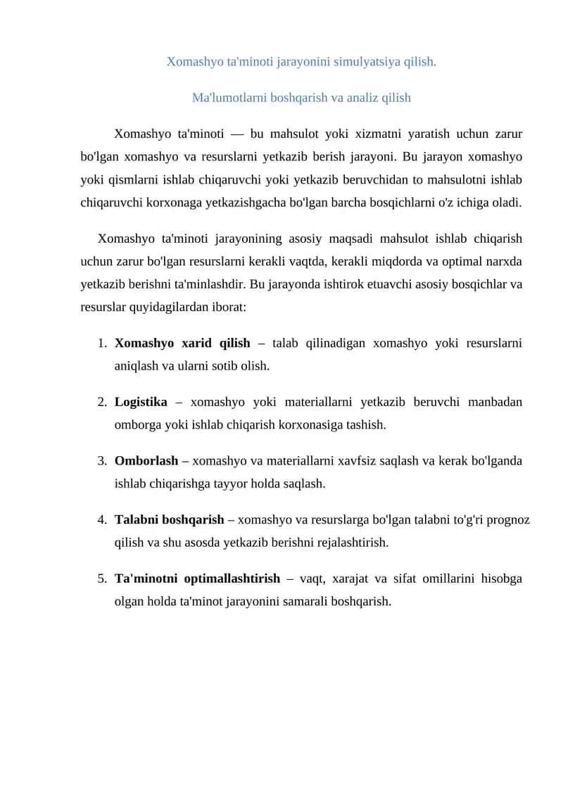 Xomashyo ta'minoti jarayonini simulyatsiya qilish 1