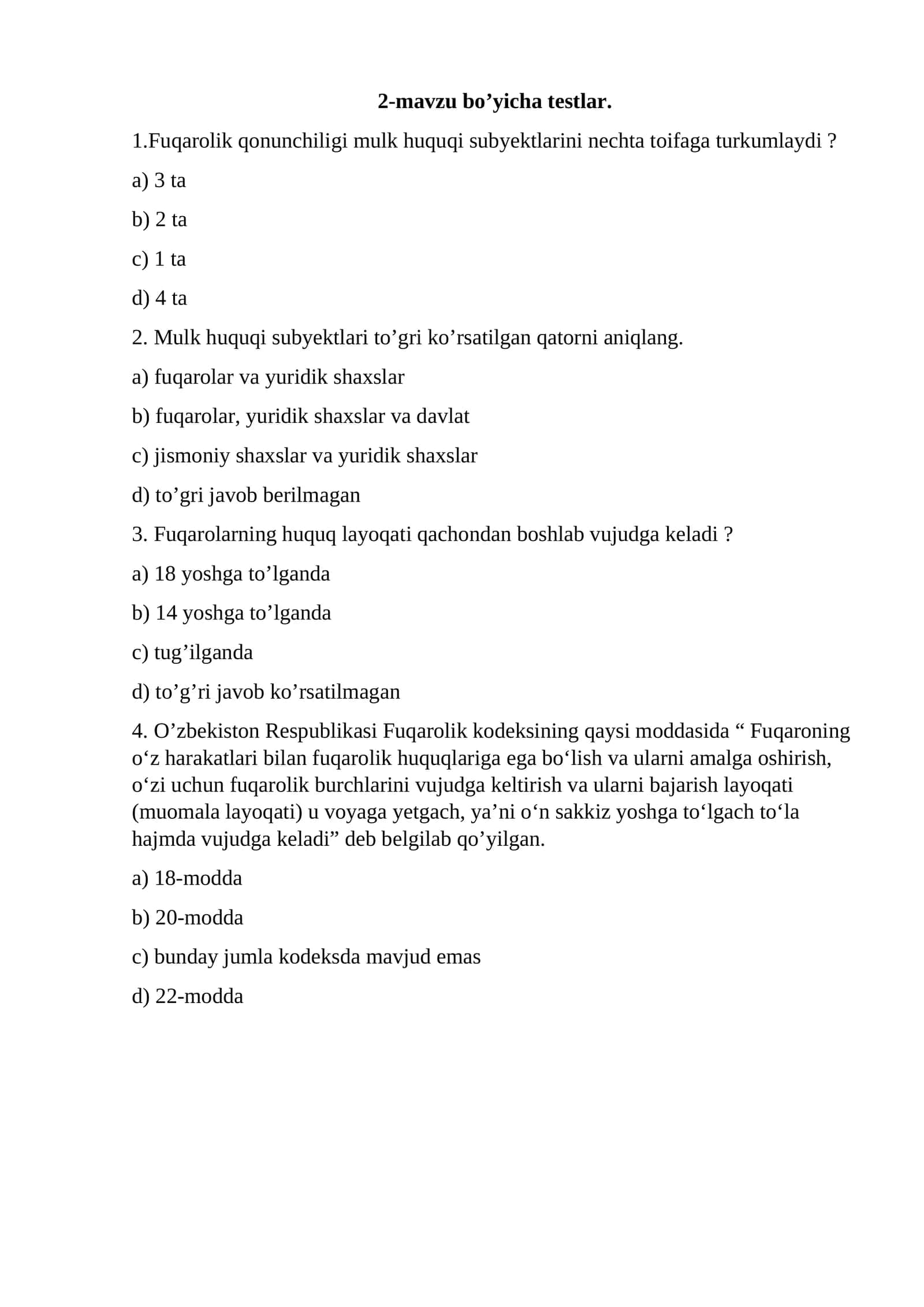 Fuqarolik qonunchiligi bo'yicha testlar 1