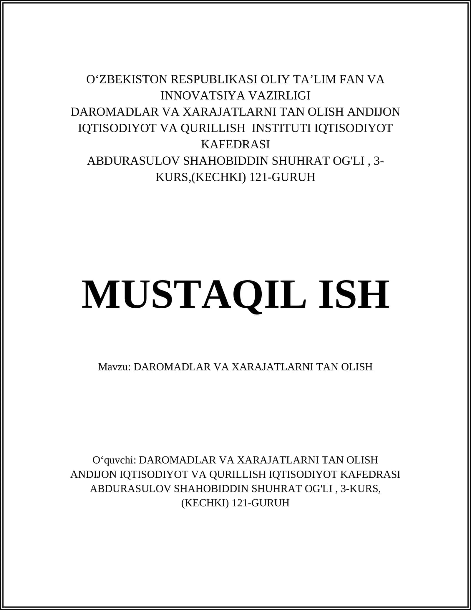 DAROMADLAR VA XARAJATLARNI TAN OLISH 1