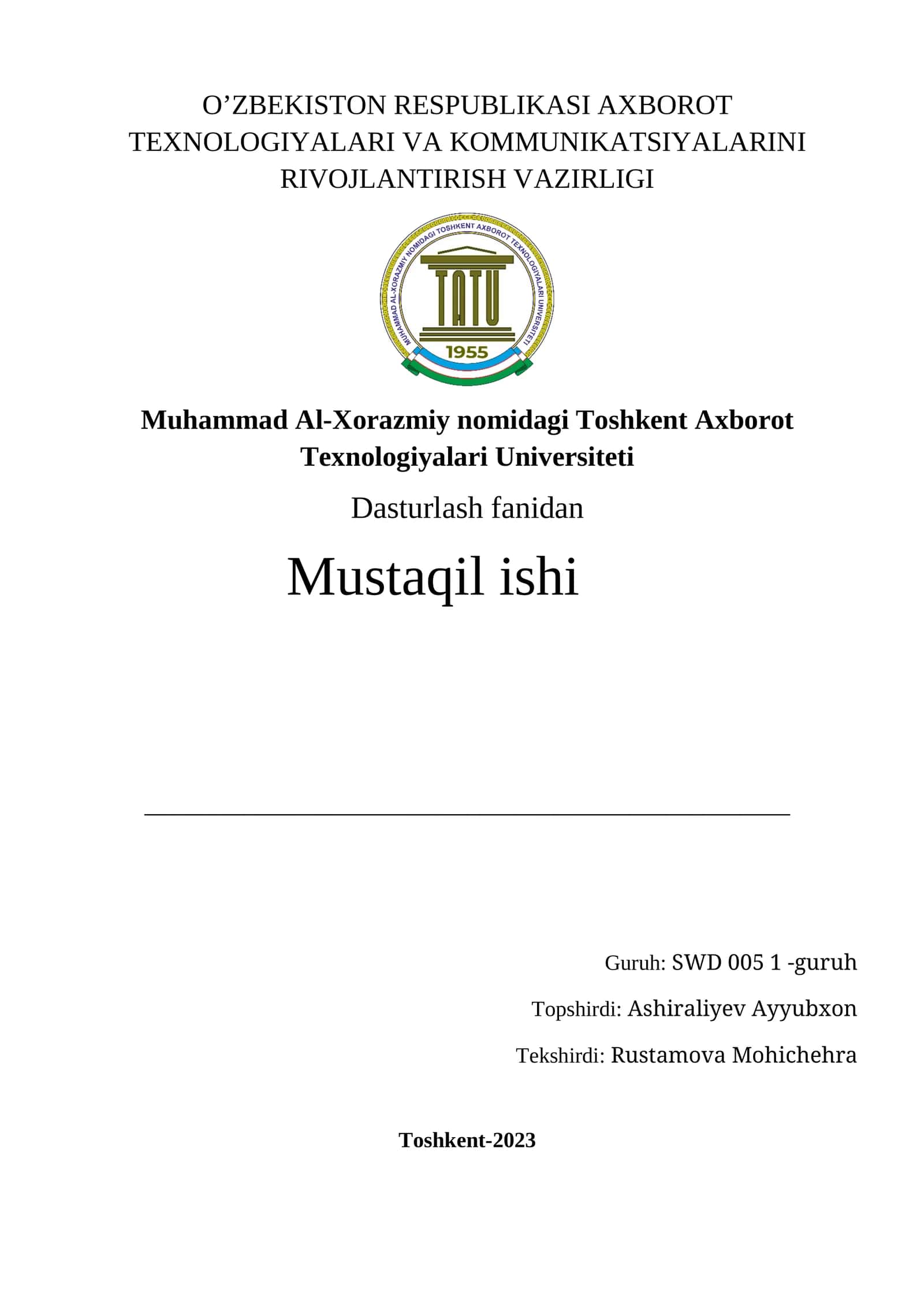 Dasturlash fanidan Mustaqil ishi 1