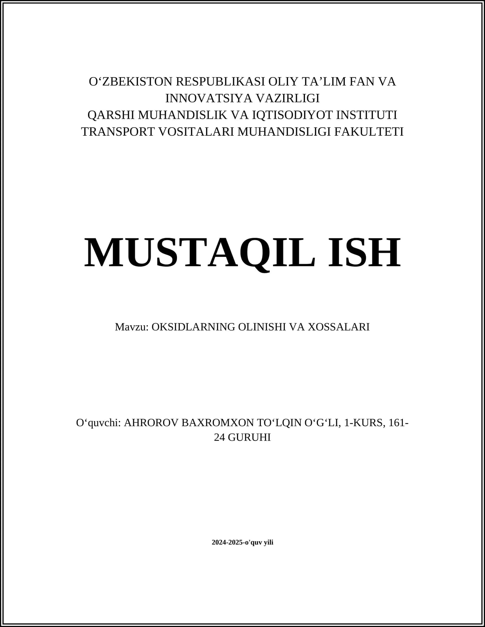 OKSIDLARNING OLINISHI VA XOSSALARI 1