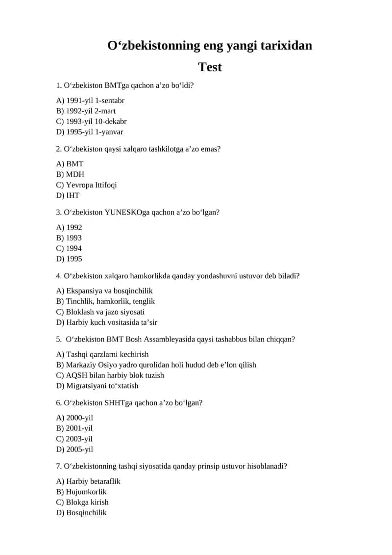 O‘zbekistonning eng yangi tarixidan Test 1
