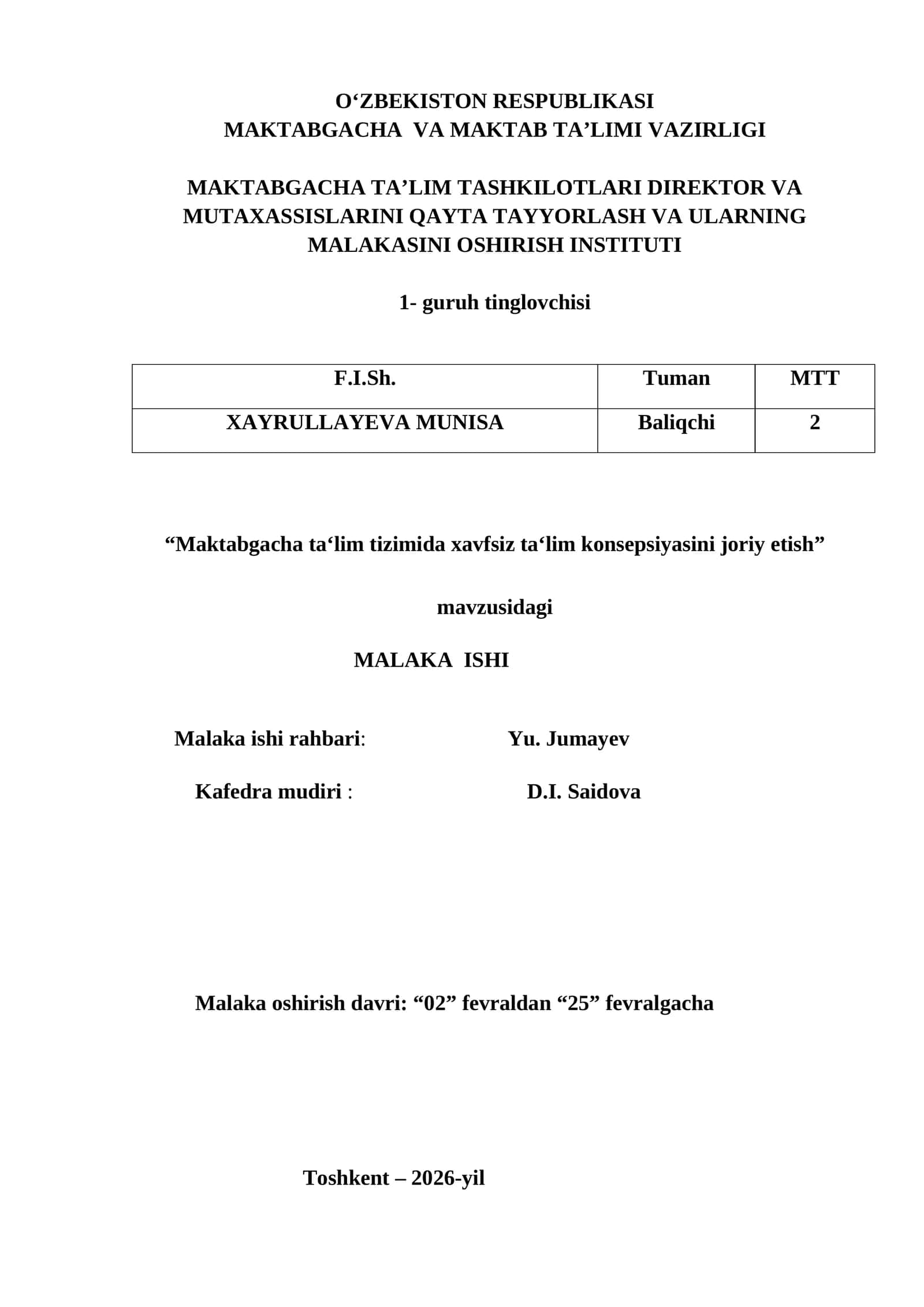 “Maktabgacha ta‘lim tizimida xavfsiz ta‘lim konsepsiyasini joriy etish” 1