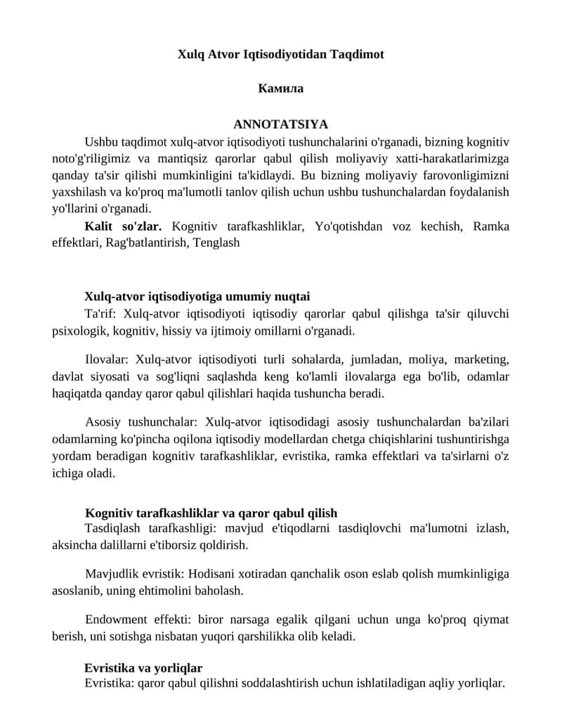 Xulq Atvor Iqtisodiyotidan Taqdimot 1