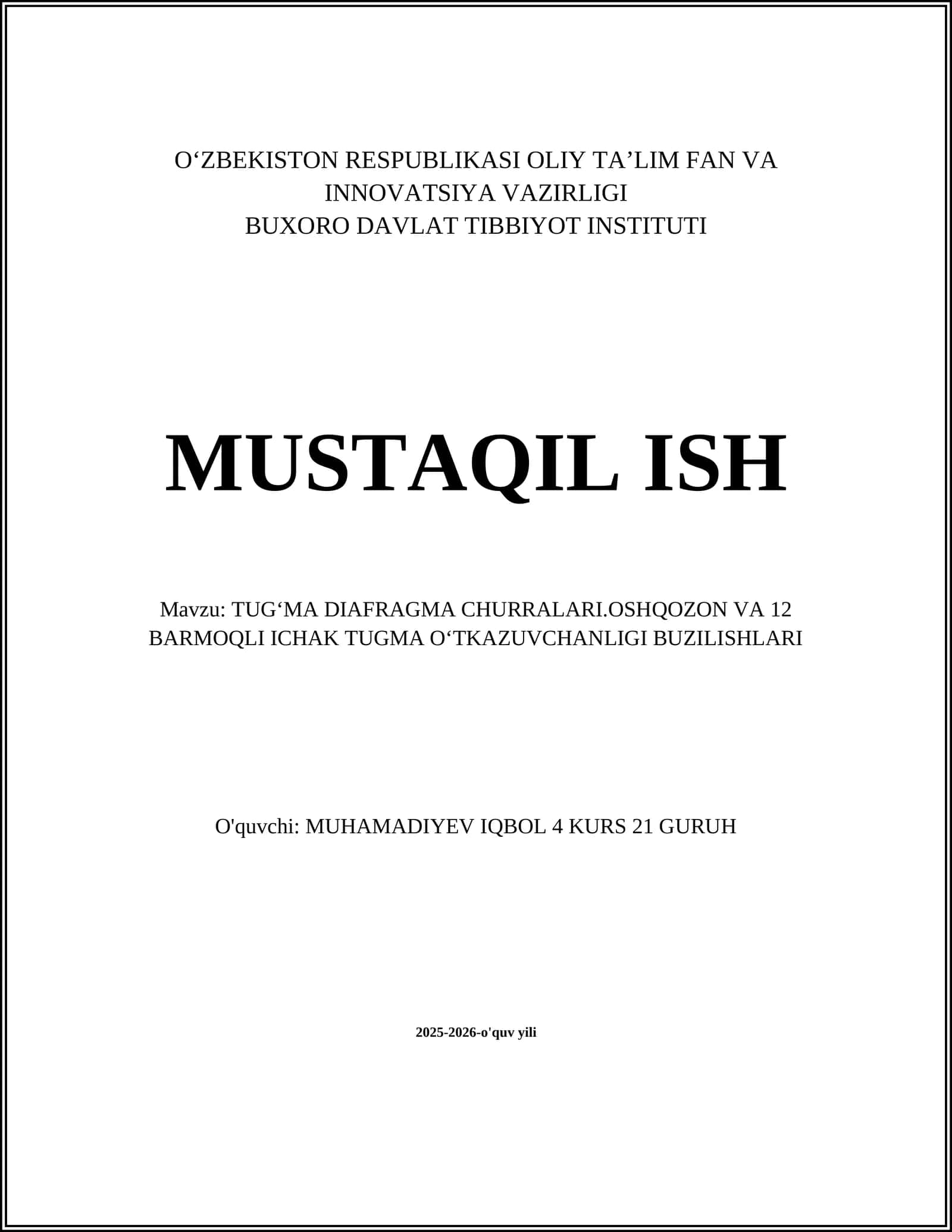 TUGʻMA DIAFRAGMA CHURRALARI.OSHQOZON VA 12 BARMOQLI ICHAK TUGMA OʻTKAZUVCHANLIGI BUZILISHLARI 1