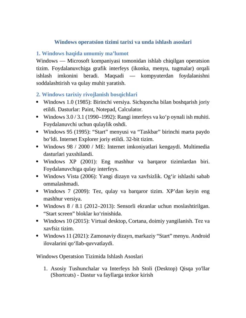 Windows operatsion tizimi tarixi va unda ishlash asoslari 1