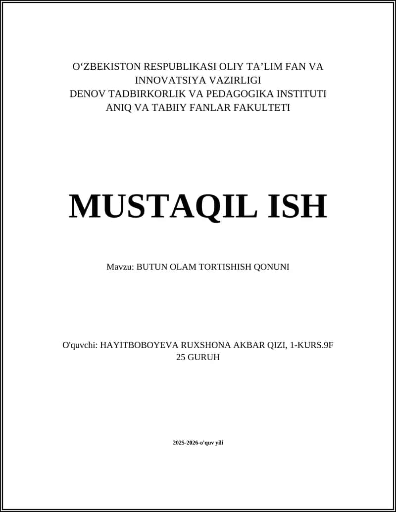 BUTUN OLAM TORTISHISH QONUNI 1