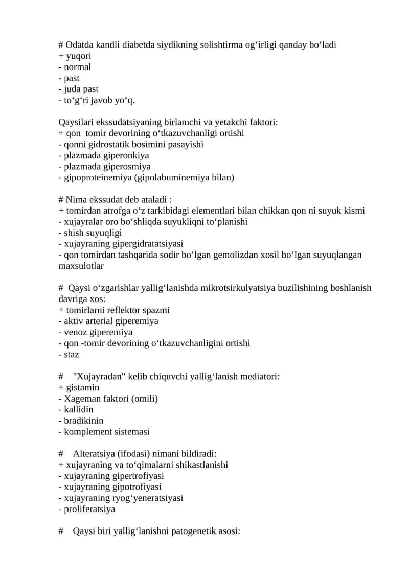 Kandli diabetda siydikning solishtirma og‘irligi 1