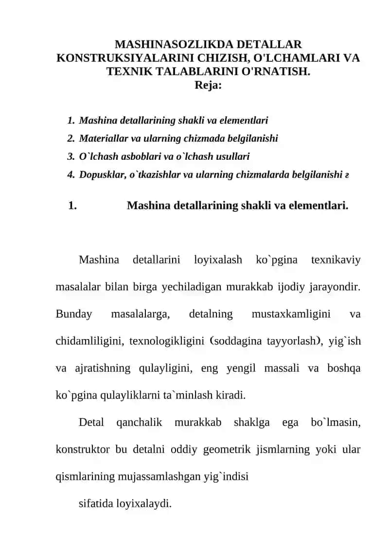 Mashinasozlikda detallar konstruksiyalarini chizish
