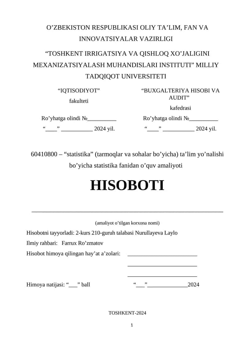 Statistika fanidan o’quv amaliyoti 1