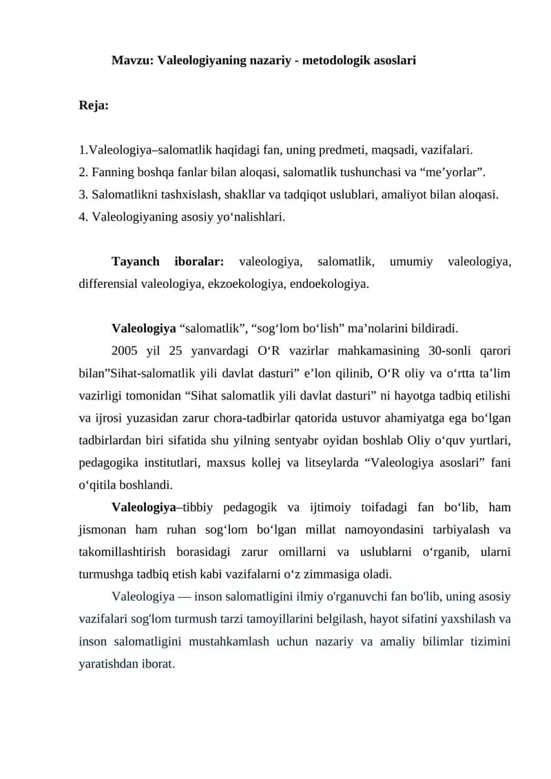 Valeologiyaning nazariy - metodologik asoslari 1