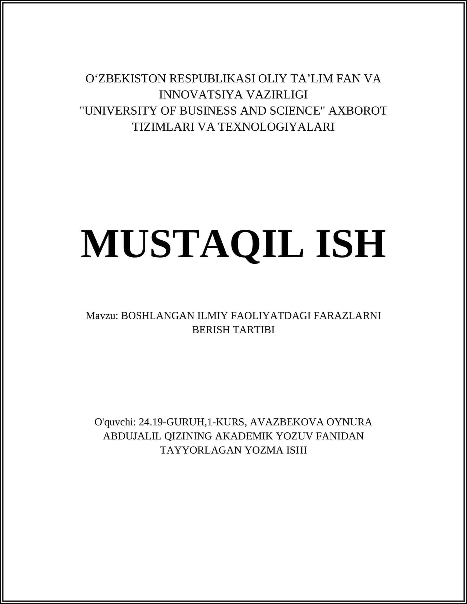 BOSHLANGAN ILMIY FAOLIYATDAGI FARAZLARNI BERISH TARTIBI 1