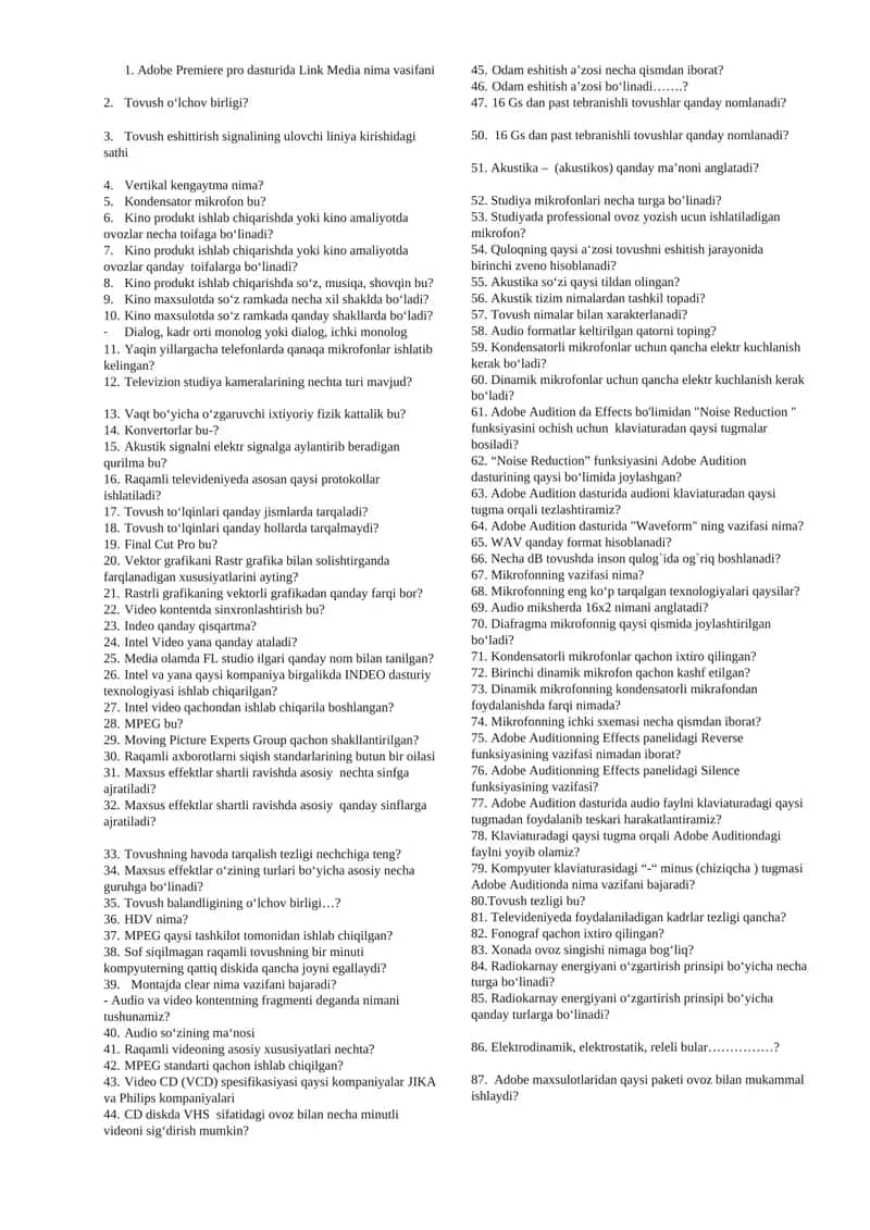 Adobe Premiere pro dasturi va ovoz texnologiyalari bo'yicha savollar 1