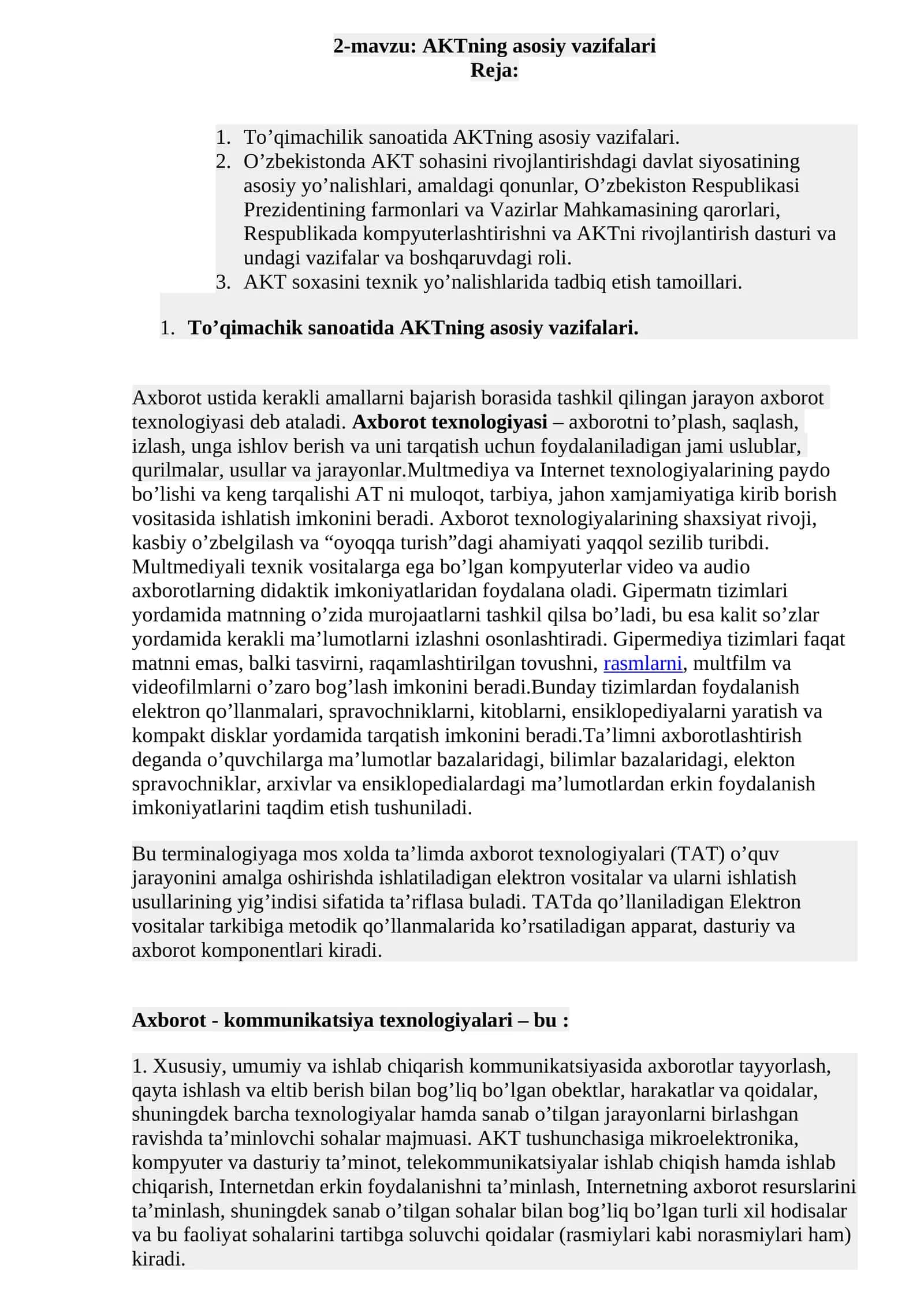 2-mavzu: AKTning asosiy vazifalari 1