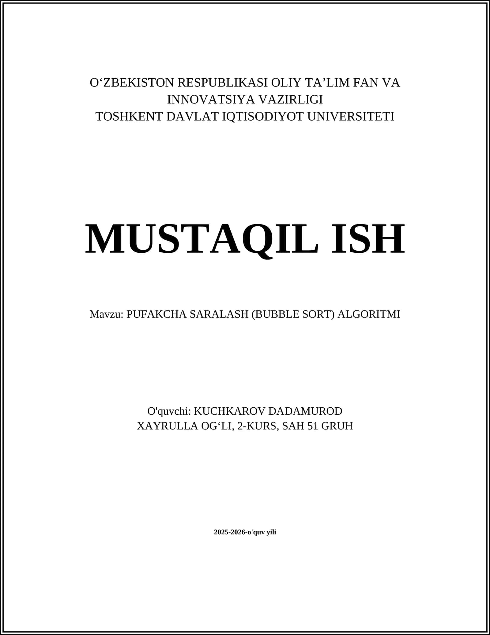 PUFAKCHA SARALASH (BUBBLE SORT) ALGORITMI 1