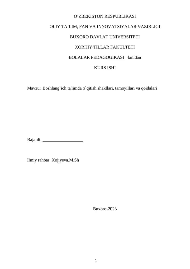 Boshlang`ich ta'limda o`qitish shakllari, tamoyillari va qoidalari 1
