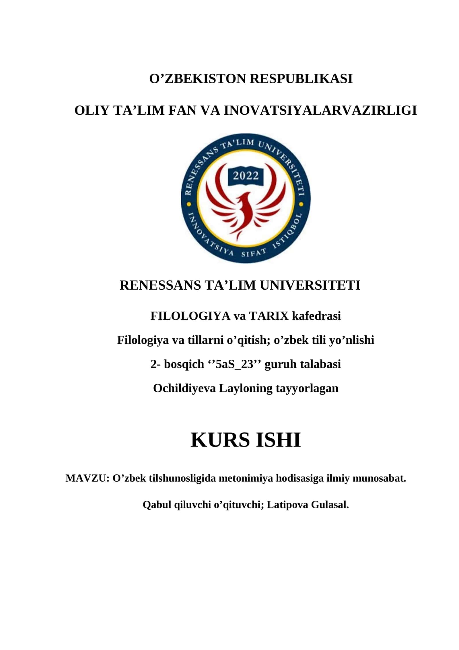 O’ZBEK TILSHUNOSLIGIDA METONIMIYA HODISASIGA ILMIY MUNOSABAT 1