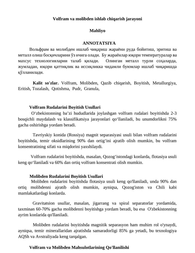Volfram va molibden ishlab chiqarish jarayoni 1