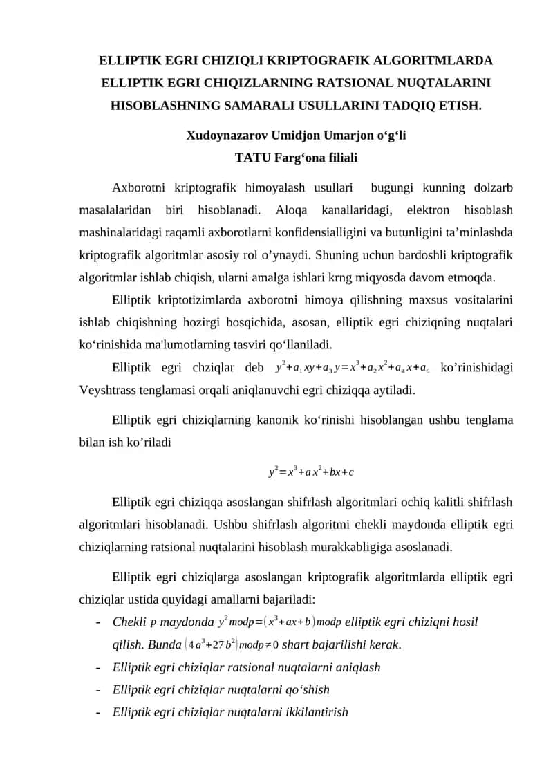 Elliptik Egri Chiziqli Kriptografik Algoritmalar 1