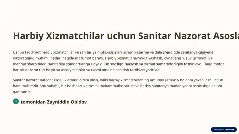 Harbiy Xizmatchilar uchun Sanitar Nazorat Asoslari 1