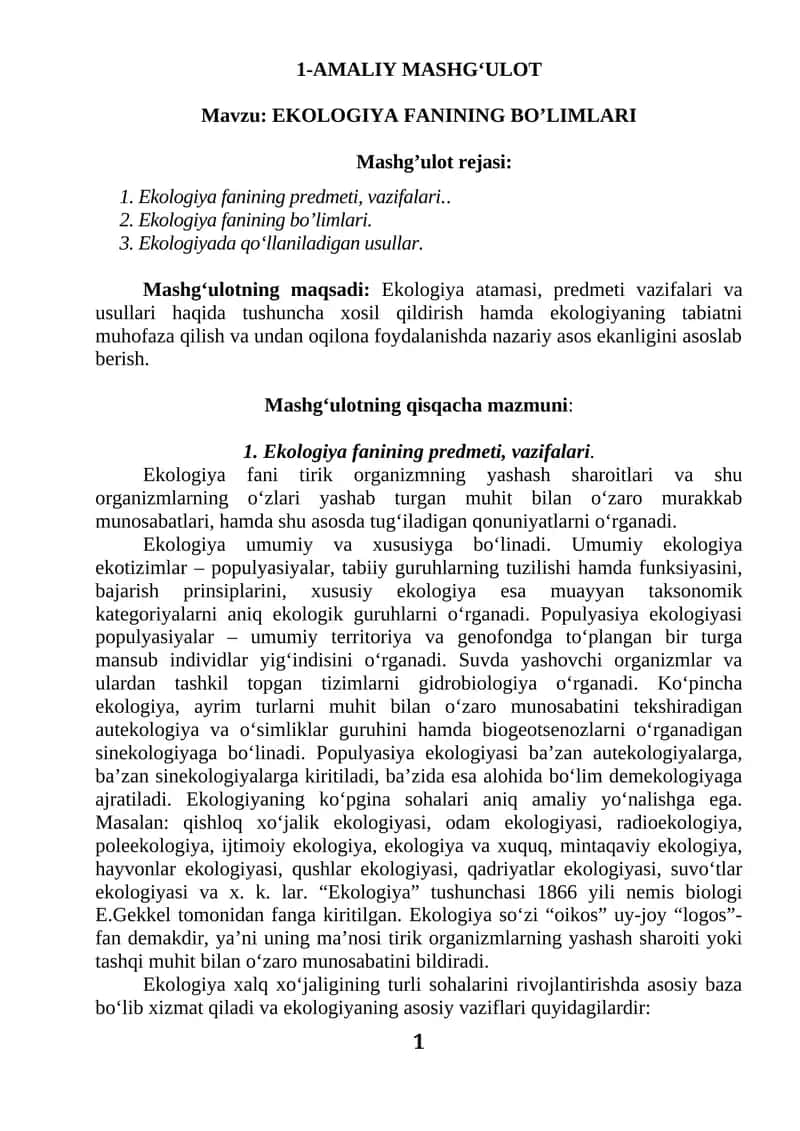 EKOLOGIYA FANINING BO’LIMLARI 1