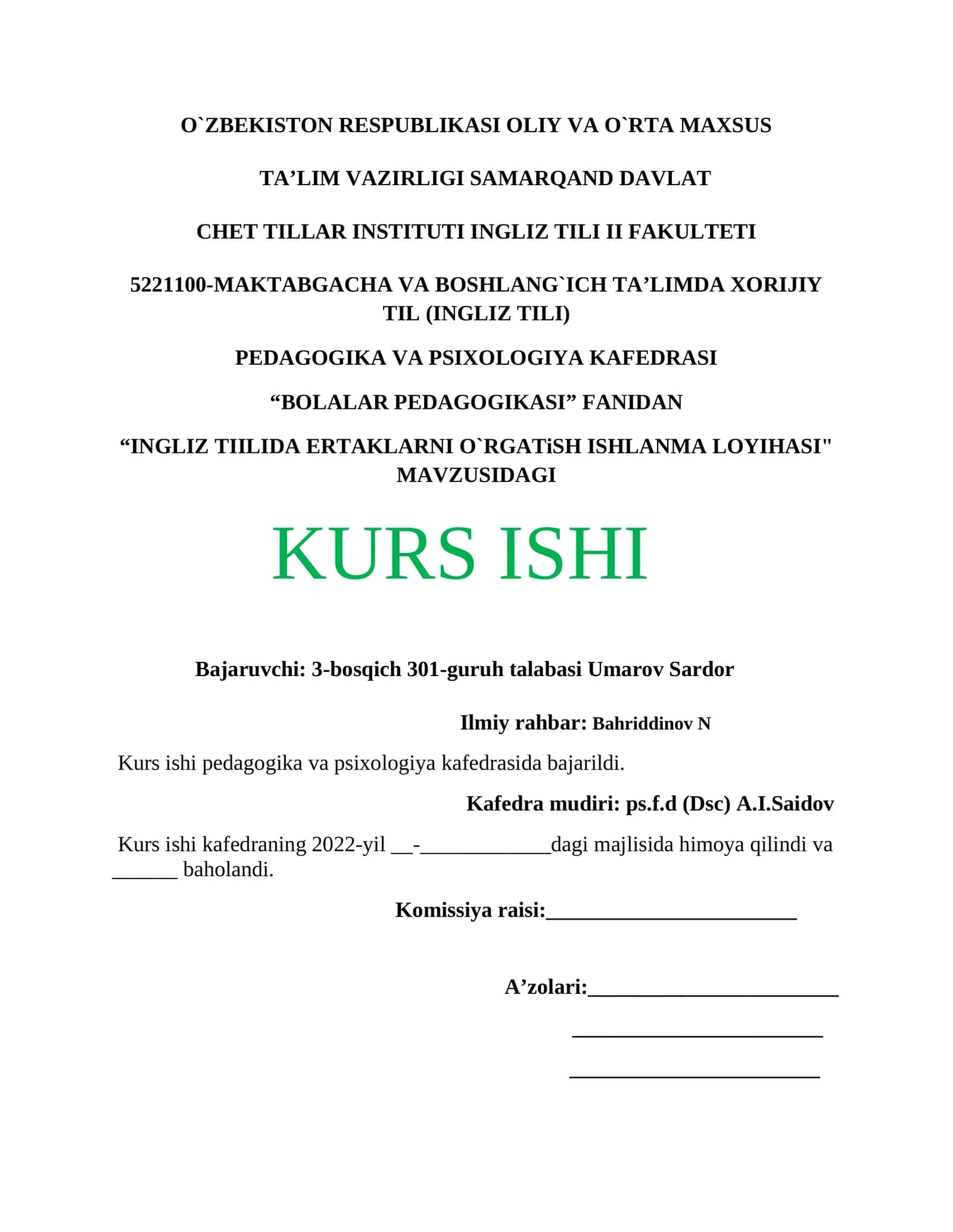 "INGLIZ TIILIDA ERTAKLARNI O`RGATiSH ISHLANMA LOYIHASI" 1