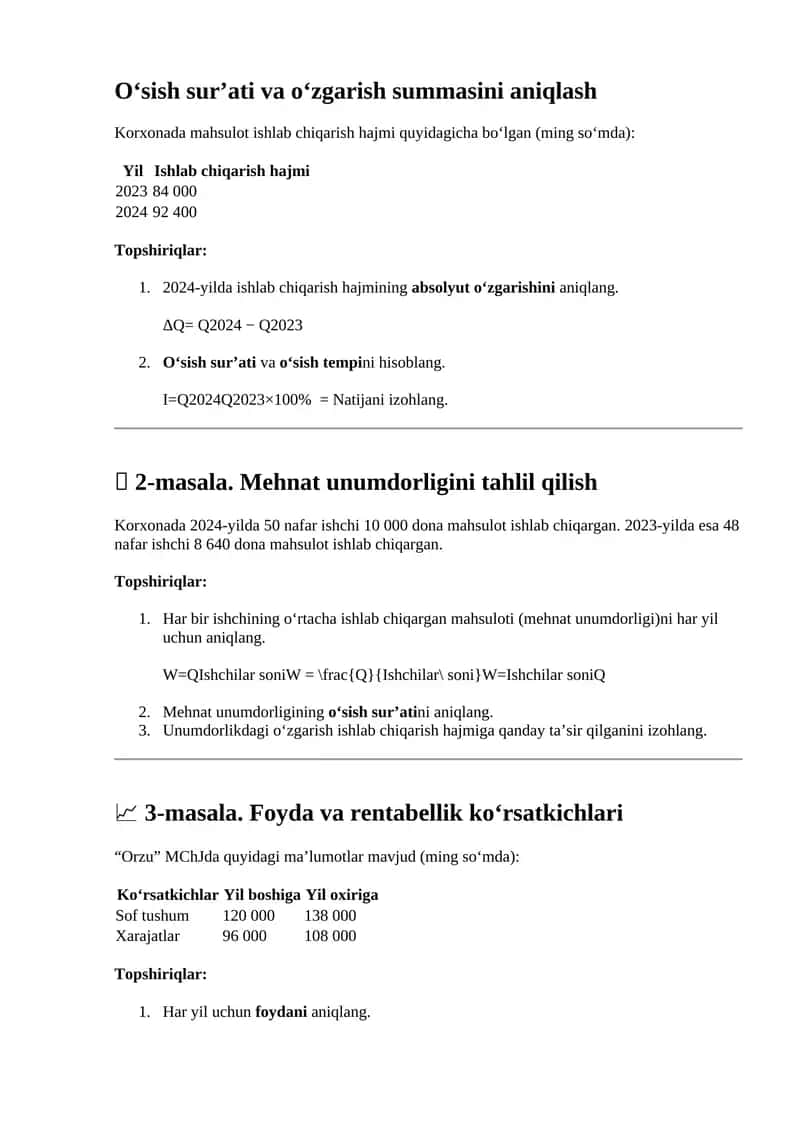 O‘sish sur’ati va o‘zgarish summasini aniqlash 1